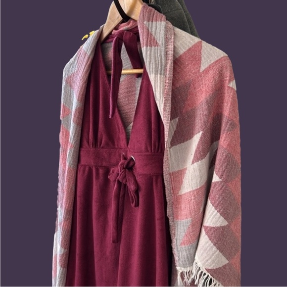 Resort Wear 3 PC Set Burgundy Halter Terry Dress Organic Burgundy Gray Wrap NEW - Picture 5 of 16